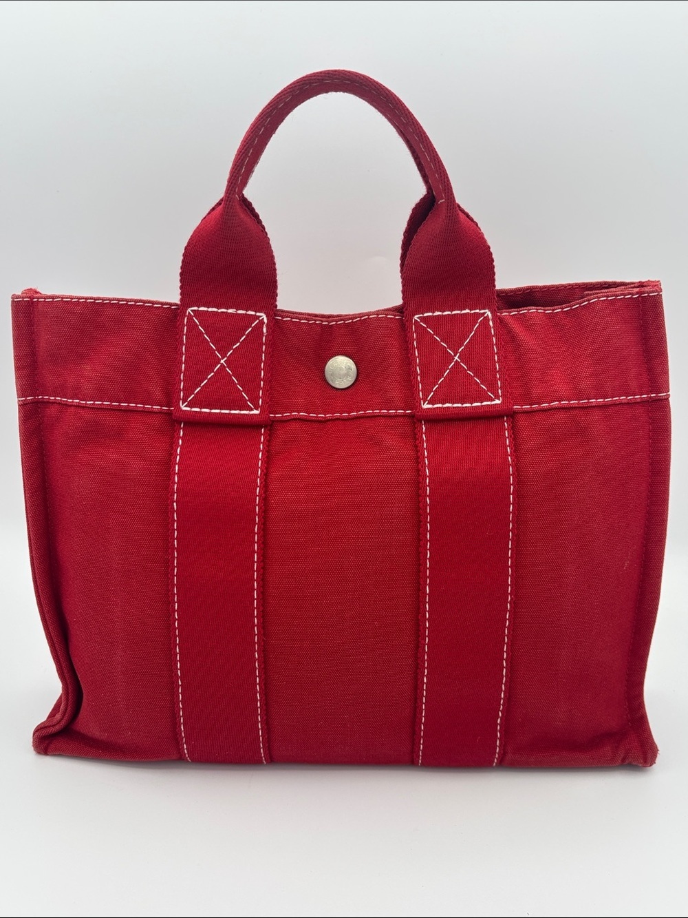 Hermes Deauville Red Canvas Tote Bag- White Contrast Stitching - Cigarette Smell